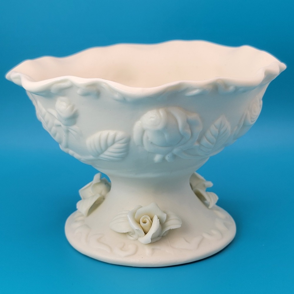 Vtg Hermitage Bisque Porcelain‎ Pedestal Compote Candy Dish Roses Cottage 1998